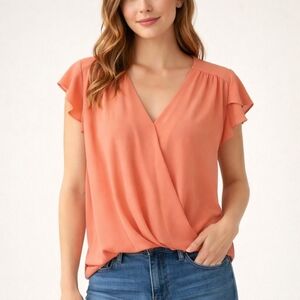 Vince Camuto Blouse Medium Coral Pink Flutter Sleeve V-Neck Draped Front #1131